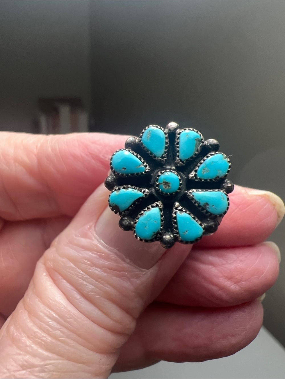 Turquoise Cluster Floral Ring in Silver Tone - Heirloom - Picture 11 of 16